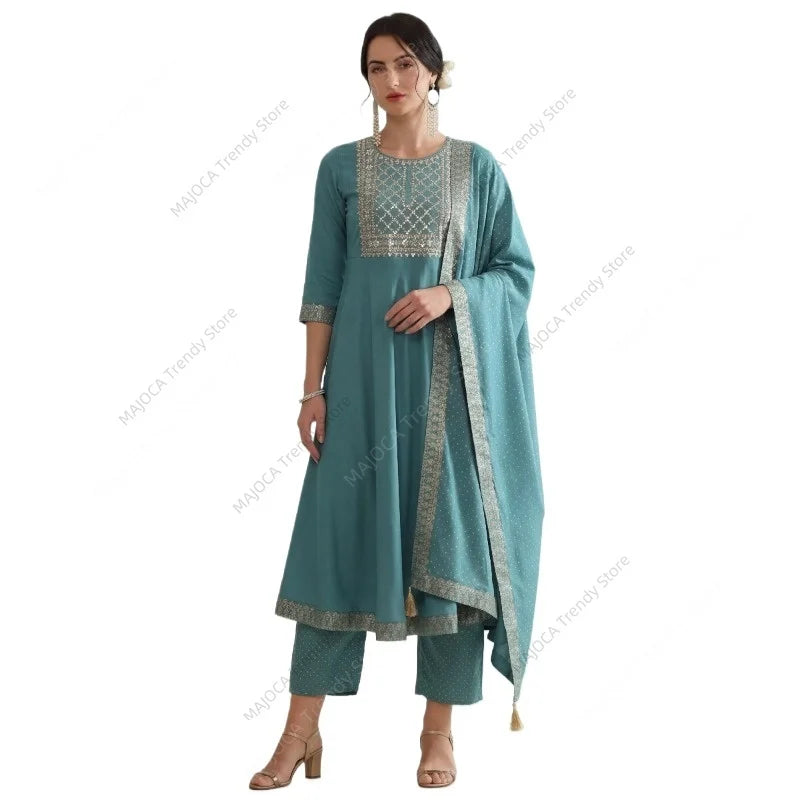 Peacock Blue Indian Women 3 Piece Set Embroidered Anarkali Kurta Pant with Dupatta Rayon Ethnic Pakistani Suit Party Wear