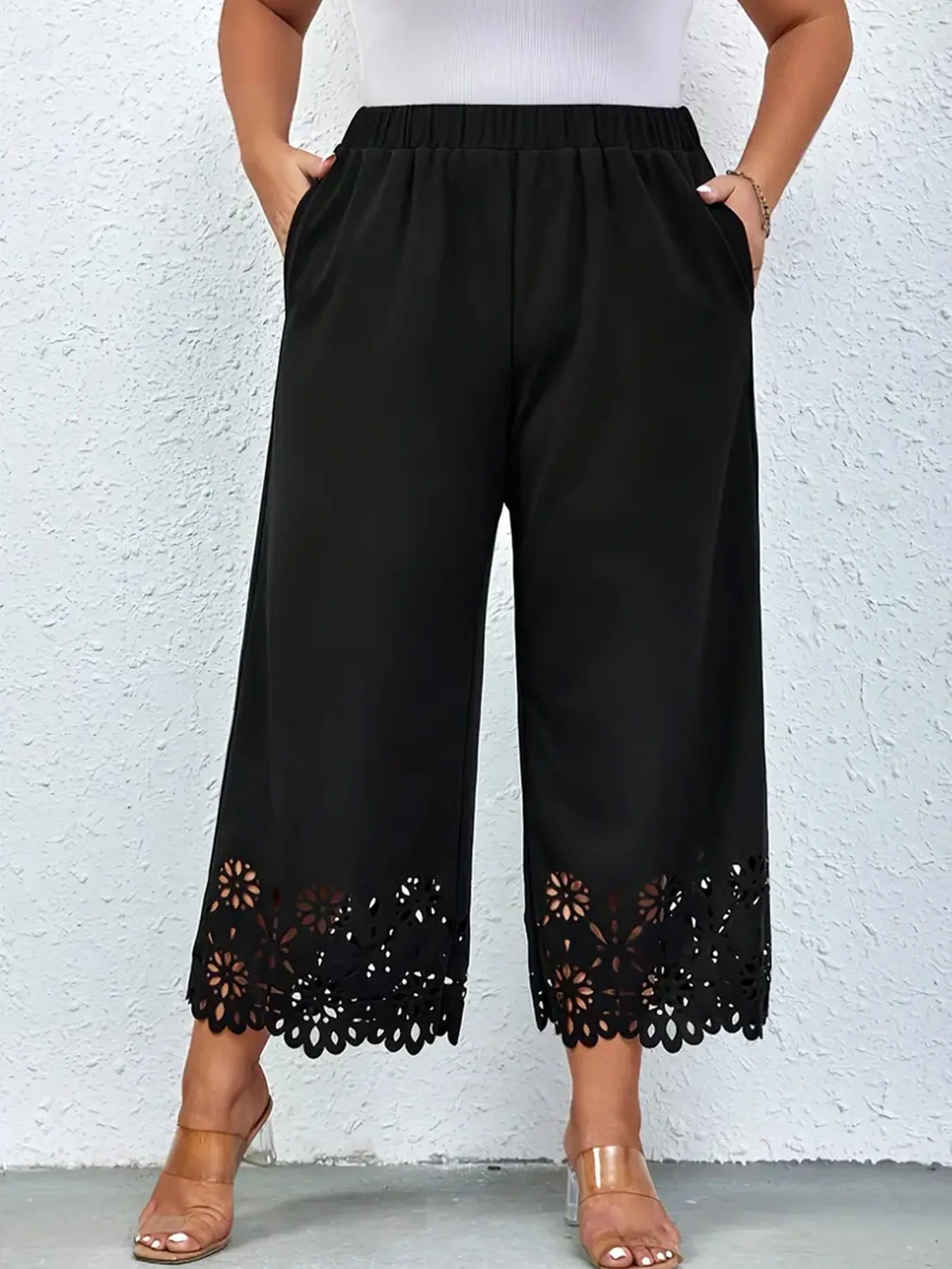 Women's 2024 summer new plus size knitted fabric elegant temperament hollow wide leg pants