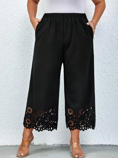 Women's 2024 summer new plus size knitted fabric elegant temperament hollow wide leg pants