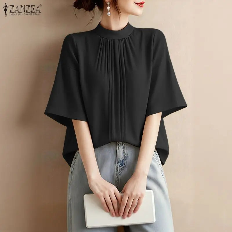 ZANZEA Elegant Loose Blouses Women's Stand Collar Half Sleeves Pleated Tops Summer Daily Casual Solid Color Blusas de Mujer