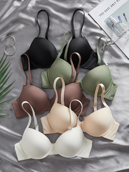 5Pcs/Set Solid Women Bras Basic Smooth Seamless Push Up Bra Comfort Underwire Support Casual Daily Lingerie