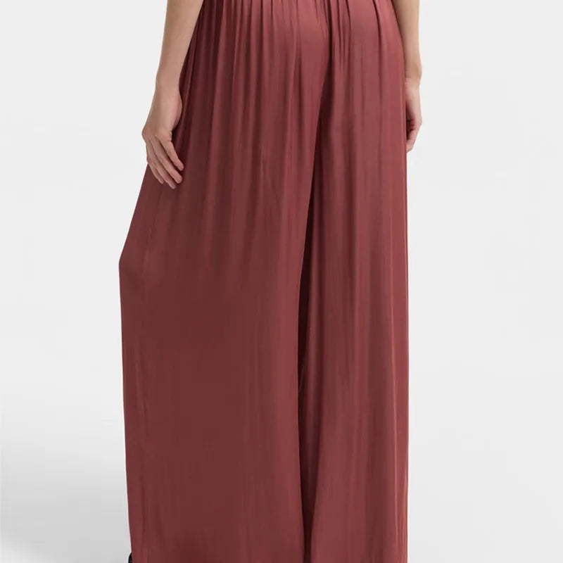 New Women High Waist Wide Leg Pants Spring Summer Draped Casual Trousers Drawstring Elastic Waist Loose Straight Leg Beach Pant