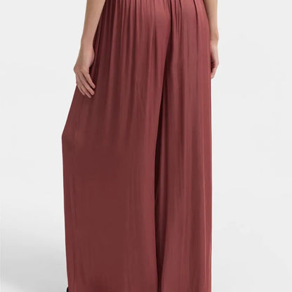 New Women High Waist Wide Leg Pants Spring Summer Draped Casual Trousers Drawstring Elastic Waist Loose Straight Leg Beach Pant