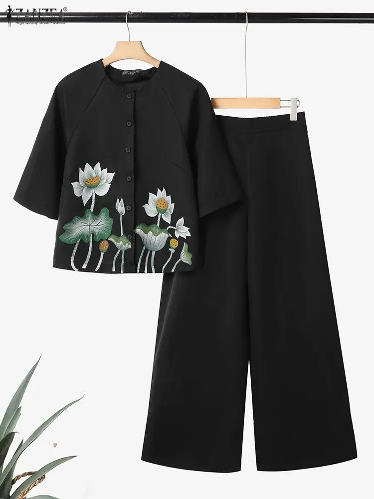2025 Summer Pant Sets ZANZEA Women 2 Piece Sets O Neck Half Sleeve Shirt Trousers Suits Casual OL Work Outfits Printed Tracksuit