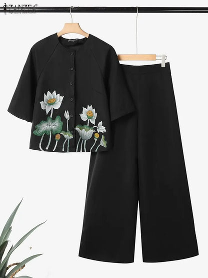 2025 Summer Pant Sets ZANZEA Women 2 Piece Sets O Neck Half Sleeve Shirt Trousers Suits Casual OL Work Outfits Printed Tracksuit