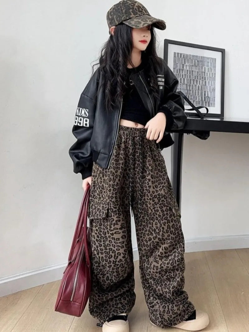 Girls' Leopard Print Cargo Pants 2026 Spring Autumn Street Dance Loose Wide Leg Pants for Kids 5-12 Years