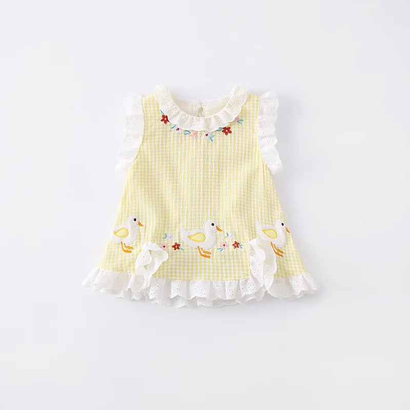 2026 Summer Baby Romper Cute Duck Floral Embroidery Ruffle Trim Bodysuit for Girls Plaid Sleeveless Infant Clothes