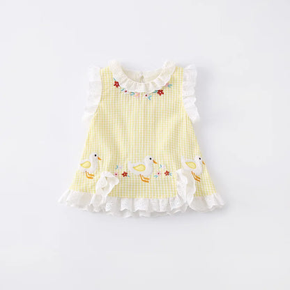 2026 Summer Baby Romper Cute Duck Floral Embroidery Ruffle Trim Bodysuit for Girls Plaid Sleeveless Infant Clothes