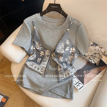 Summer Fake Two Piece Women O Neck Short Sleeve T Shirts Chic Silk Scarf Camisole Top Fashion All-match 2xl Oversized Clothing
