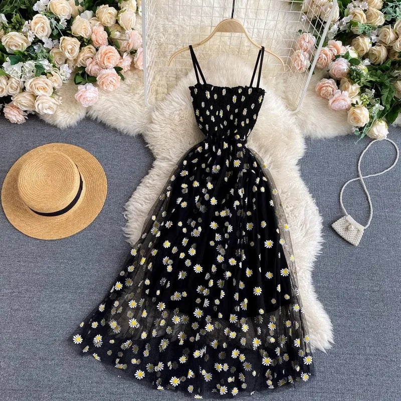 Women Dress 2026 New Summer Fashion Fairy Mesh Party Dress Korean Pop Floral Print Vacation Beach Dress Streetwear Sundress