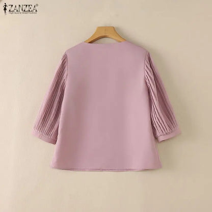 ZANZEA Women Blouses Casual Square Neck Pleated 3/4 Puff Sleeve Solid Color Tops 2026 Summer Everyday Wear Commute Blusas Mujer