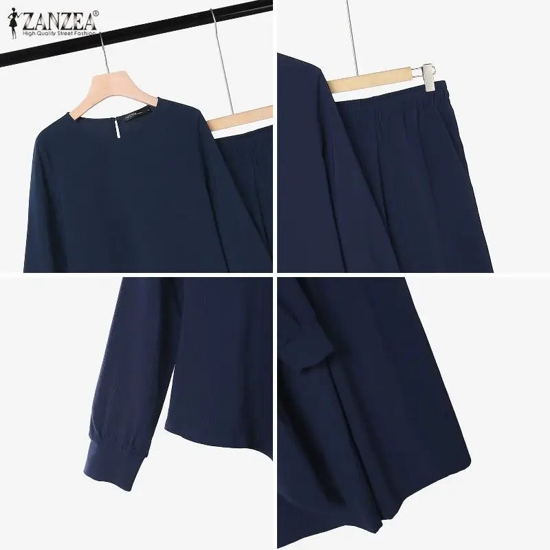 ZANZEA Women Pants Sets Two Piece Outfit Irregular Hem Tunic Tops Wide Leg Pant Casual O Neck Long Sleeve Solid Color 2PCS