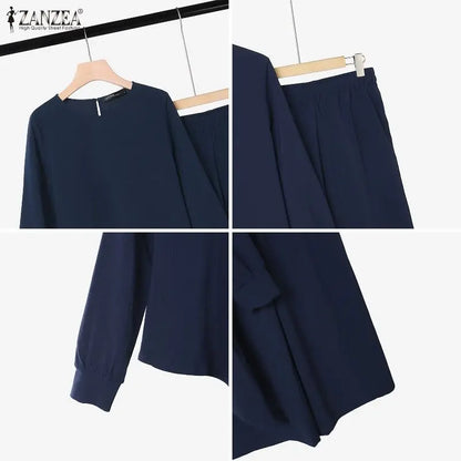 ZANZEA Women Pants Sets Two Piece Outfit Irregular Hem Tunic Tops Wide Leg Pant Casual O Neck Long Sleeve Solid Color 2PCS