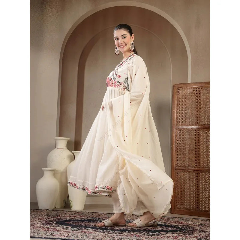White Cotton Anarkali Kurti Set with Pant Dupatta Floral Embroidered Indian Ethnic Wear Elegant Summer Suit for Women