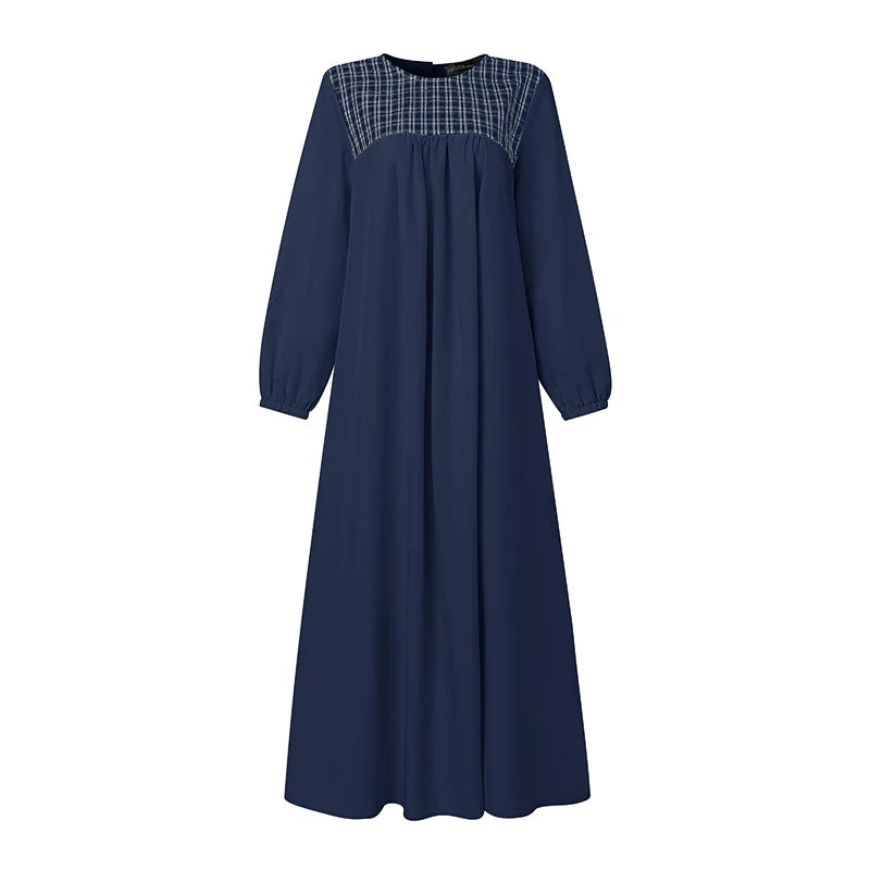 ZANZEA Elegant Muslim Abaya Dress Women Long Sleeve Plaid Patchwork Maxi Robe A-Line Loose Eid Modest Dresses Casual Kaftan 2026