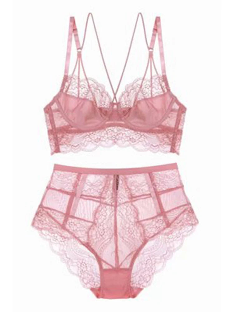 Classic Bandage Pink Bra Set Lingerie Push Up Brassiere Lace Underwear Set Sexy High-Waist Panties For Women underwear