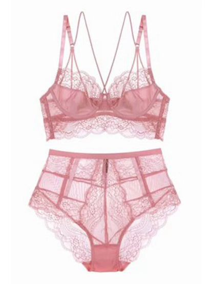 Classic Bandage Pink Bra Set Lingerie Push Up Brassiere Lace Underwear Set Sexy High-Waist Panties For Women underwear