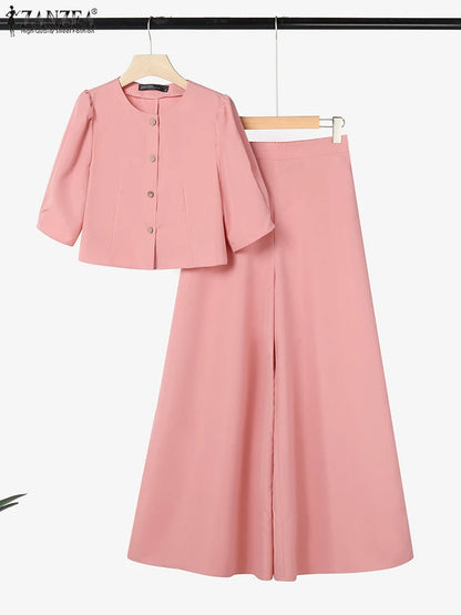 ZANZEA Women's Pant Sets 2 Piece Elegant Chic Short Crop Tops & Wide Leg Pants Two Piece Outfits Trouser Suits Woman Clothes 3XL