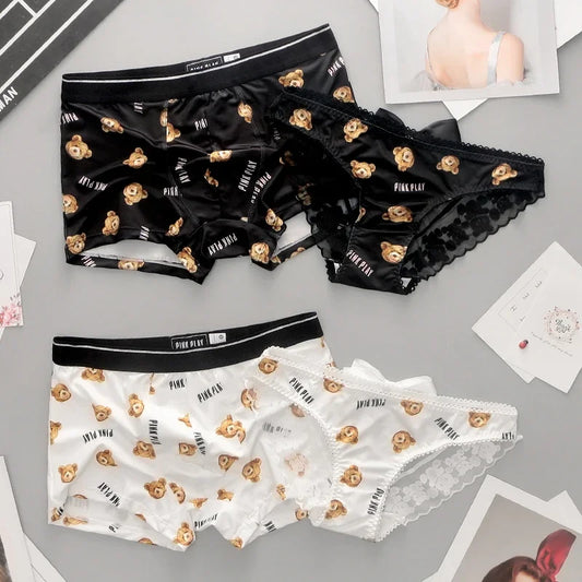 Couple Panties Set Sexy Lace Ice Silk Fabrics Underwear Men's Boxers Cartoon Bear Print Panties set Women's Briefs 1 PCS