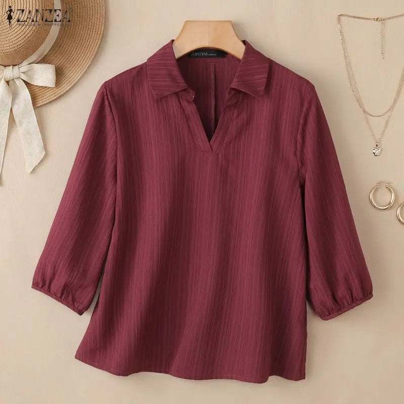 ZANZEA 2026 Summer Woman Textured Blouses Turn-Down Collar 3/4 Puff Sleeve Solid Color Pullover Tops Daily Casual Blusas Mujer