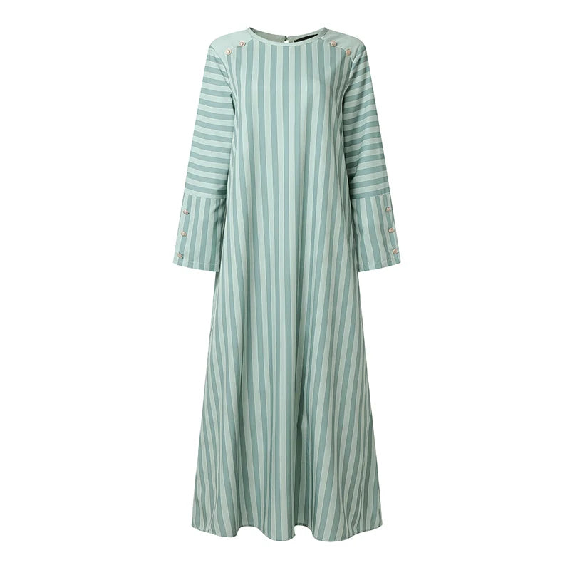 Ramadan Abaya Muslim Dress ZANZEA Women Striped Maxi Dresses Elegant O Neck Long Sleeve Pleated Sundress Robe Casual Kaftan