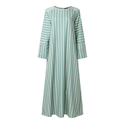 Ramadan Abaya Muslim Dress ZANZEA Women Striped Maxi Dresses Elegant O Neck Long Sleeve Pleated Sundress Robe Casual Kaftan
