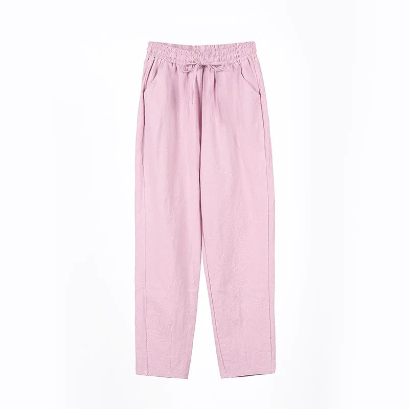 Womens Spring Summer Pants Cotton Linen Solid Elastic Waist Candy Colors Harem Trousers Casual Female Pants
