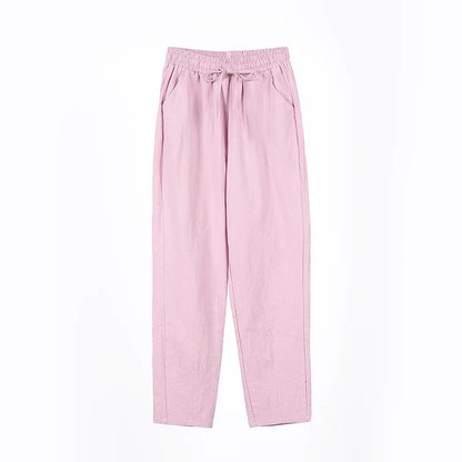 Womens Spring Summer Pants Cotton Linen Solid Elastic Waist Candy Colors Harem Trousers Casual Female Pants