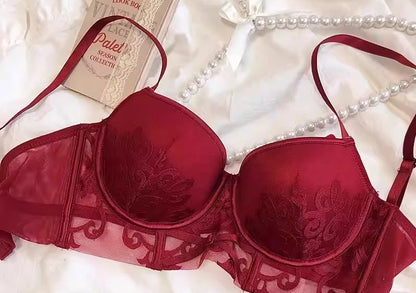 YUQI Red Lingerie Set for Wedding Bride,Push-Up Bra To Make Small Breasts Look Larger, Side Support, Dragon Zodiac Year  Bra Set