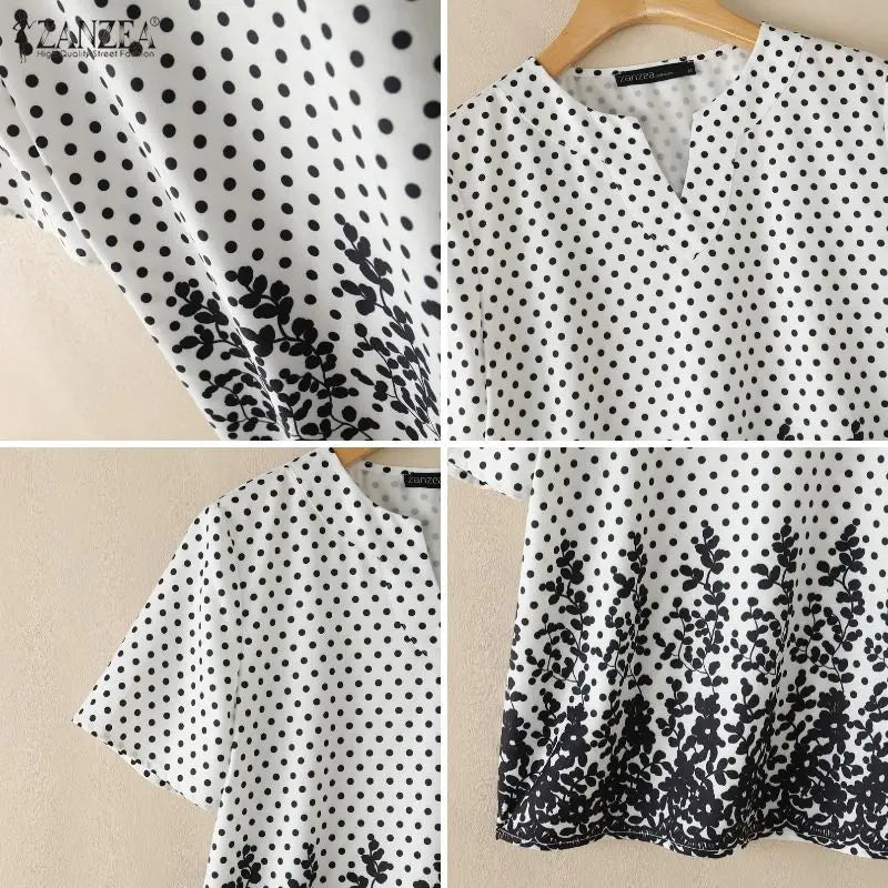 ZANZEA Women Blouse Short Sleeve Top Loose Elegant Office Casual V-Neck Polka Dot Summer Blusas Streetwear Tunic Tee