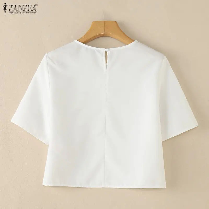 ZANZEA Women's Minimalist Fashion Blouses Elegant O-Neck Buttons Detailed Half Sleeves Solid Tops Summer Loose Blusas de Mujer