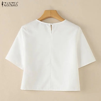 ZANZEA Women's Minimalist Fashion Blouses Elegant O-Neck Buttons Detailed Half Sleeves Solid Tops Summer Loose Blusas de Mujer