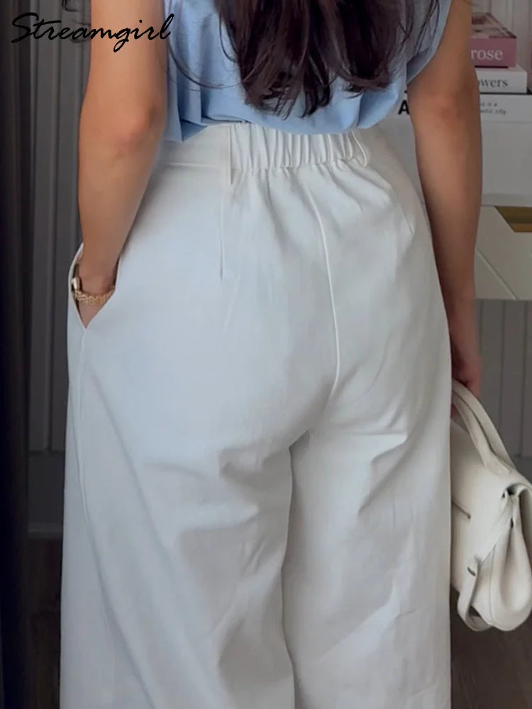 Summer White Pants For Women Cotton Formal High Waist Wide Leg Trousers Ladies Elegant Summer Women's Pants Straight Leg Office