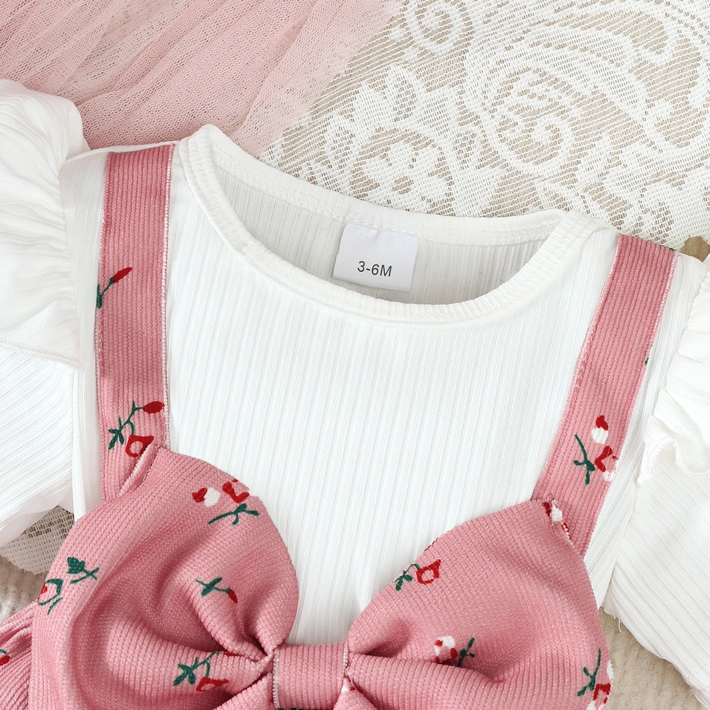 2PCS Infant Baby Girl Pink Cherry Print Ruffle Short Sleeve  Dress + Headbandr for 0-2Y Toddler Sweet Summer Princess Dress