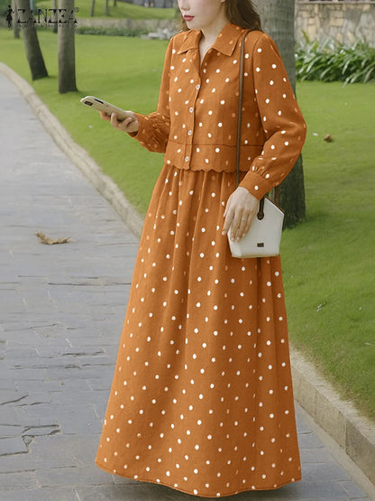 ZANZEA Autumn Outfits Stylish Polka Dots Women 2 Piece Sets Long Sleeve Blouse Dress Sets Casual Work Tracksuit Skirt Suit 2025