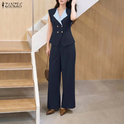 2026 ZANZEA Summer Lapel Neck Sleeveless Tanks Tops Trousers Suit Women 2 Piece Sets Elegant OL Work Pants Sets Patchwork Outfit