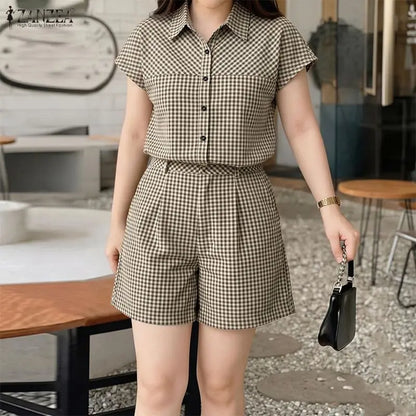 ZANZEA Women Gingham 2 Piece Matching Sets Summer Cap Sleeves Shirts & Elastic Waist Shorts 2pcs Suits Casual Short Sets Outfits
