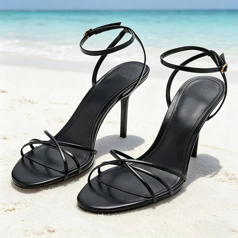 Concise Style Ankle-Strap Heeled Sandals Women Sexy Open-Toe Cross-tied Slingback High Heels for Ladies Elegant Party Dress Shoe