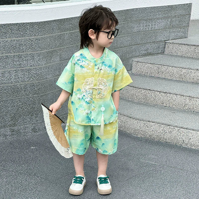 Short Sleeve Tops Shorts 2 Piece Set Boy Outfit Casual Kids Clothes Baby Tang Hanfu Suit Boys Costume Children's Sets Summer