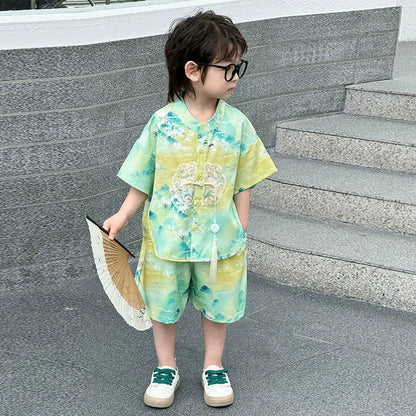 Short Sleeve Tops Shorts 2 Piece Set Boy Outfit Casual Kids Clothes Baby Tang Hanfu Suit Boys Costume Children's Sets Summer