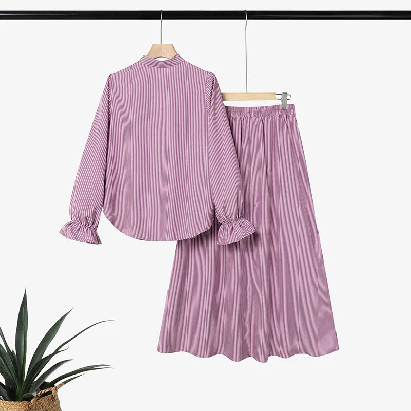 Elegant Women Muslim 2 Pieces Sets ZANZEA Summer Stand Neck Long Sleeve Bouse Skirt Suit Striped Outfits IsIamic Hijab Tracksuit