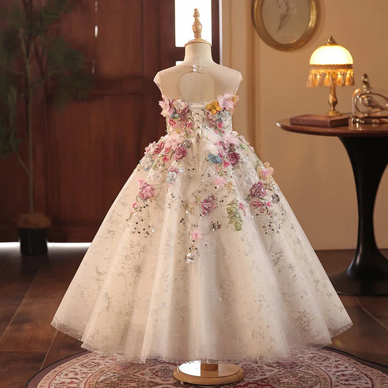 Girls' High-End French Style Forest Series Flower Little Host Walk Show Piano Performance Birthday  Party Princess Dress