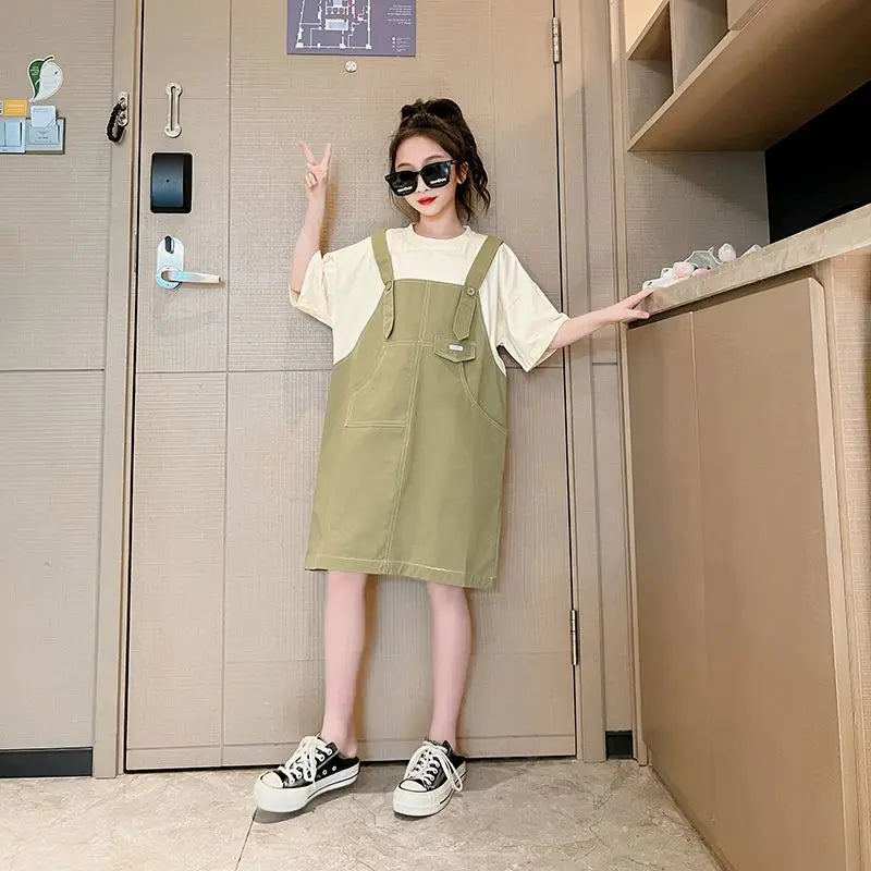 Simple and Minimalist Korean-style Casual Loose Dress for Students Suit Girls White Girl Children Clothes Girls' Princess Farm