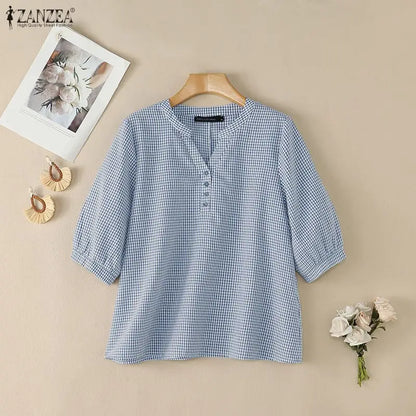ZANZEA Woman Casual Gingham Blouses V-Neck Half-Button 3/4 Sleeve Plaid Loose Tops 2026 Summer Daily Wear Blusas Mujer 3XL