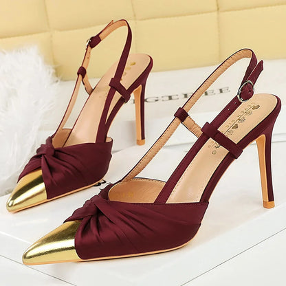 BIGTREE Shoes Metal Pointed Tip Women Pumps Satin Bow High Heels Stiletto 9 cm Hollow Out Buckle High Heeled Sandals Summer