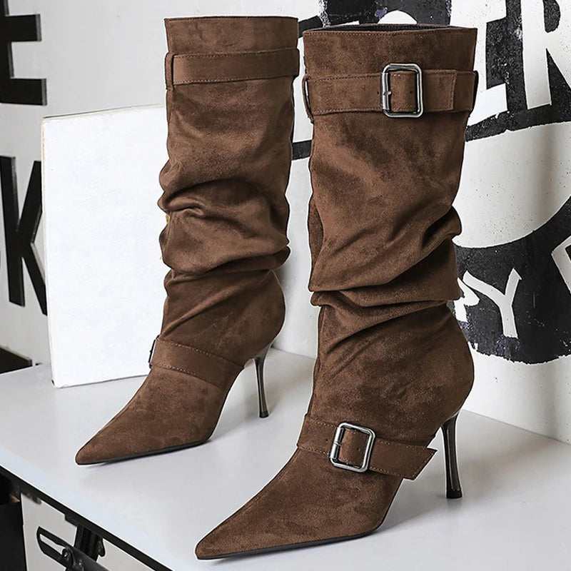 BIGTREE Shoes 2026 Pointed Women Mid-Calf Boots Pleated Belt Buckle Design Women Boots Stiletto Heels 9 cm Sexy High-heeled Boot