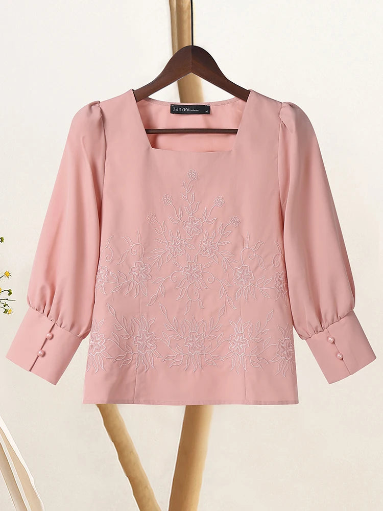 ZANZEA Elegant Embroidered Floral Women Blouses 2025 Autumn Fashion Square Neck 3/4 Puff Sleeve Short Tops Commuting Wear S-3XL