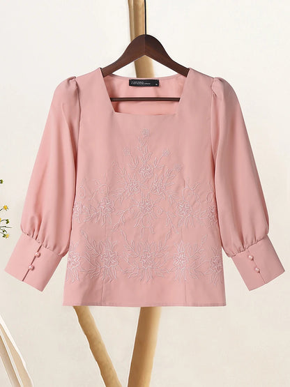 ZANZEA Elegant Embroidered Floral Women Blouses 2025 Autumn Fashion Square Neck 3/4 Puff Sleeve Short Tops Commuting Wear S-3XL