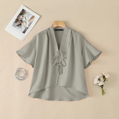 ZANZEA Vintage Kimono Blouses Woman V-Neck Short Sleeve Bow Details High-Low Pullover Tops Casual Day Wear Loose Blusas Mujer