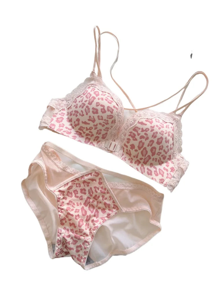 Victoria Style MOYISU Pink Leopard Wireless Bra Set, Front Hook Design, Push Up Bralette, Sexy Back Lingerie To Boost Small Bust